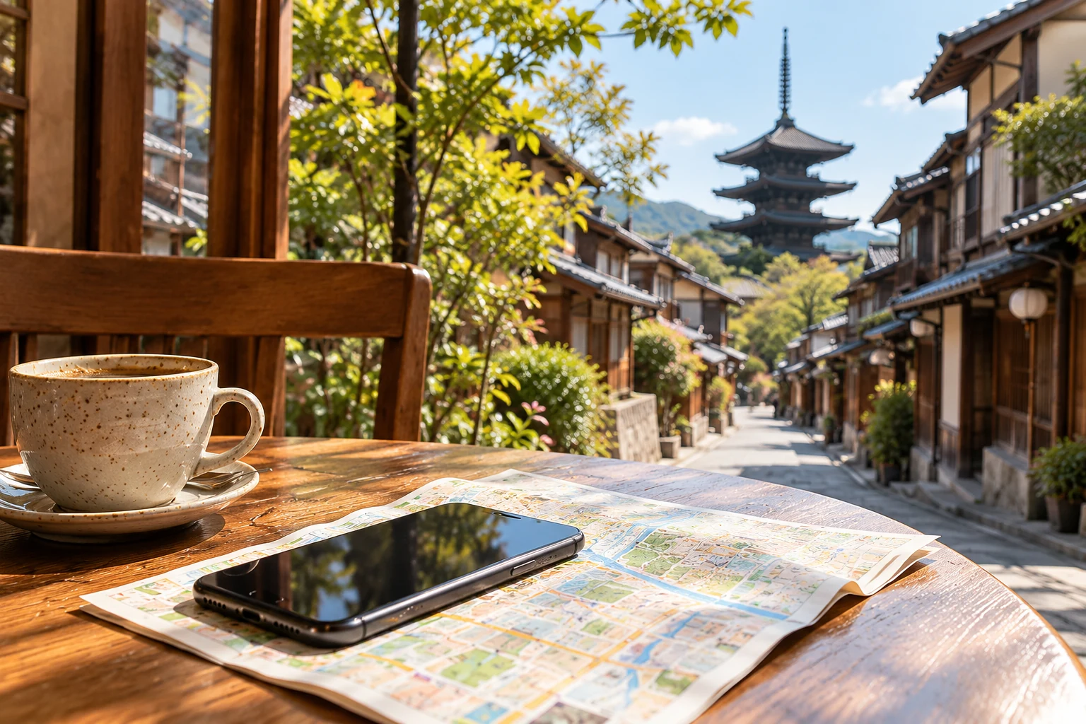 Travel eSIM guides with a phone and paper map at a café in Kyoto